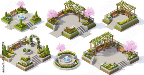 garden park with benches and blossoms