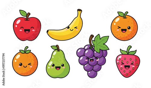 A colorful vector illustration of smiling fruits on a white background