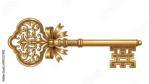Ornate golden key with an open filigree bow and a central ribbon isolated on white