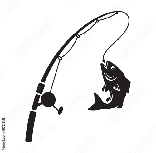 Black silhouette of a fishing rod with a fish on the hook  recreational fishing symbol