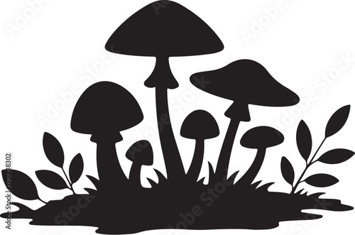 Black silhouette of mushrooms and leaves on white background