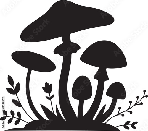 Black Silhouette of Mushrooms and Plants on a Ground