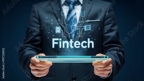 Business professional holding fintech hologram interface with city network background