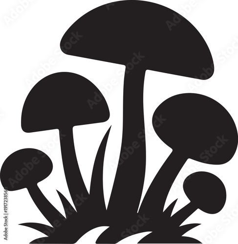 Black Silhouette of Mushrooms Growing from Grass nature