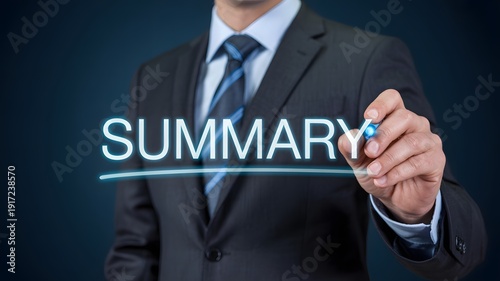 Business professional writing summary on digital screen with glowing text in office