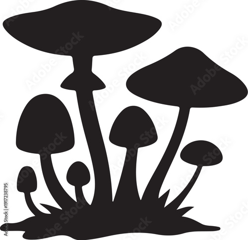 Black silhouette of various mushrooms growing from the ground