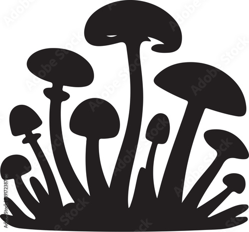Black Silhouette of Various Mushrooms Growing Together
