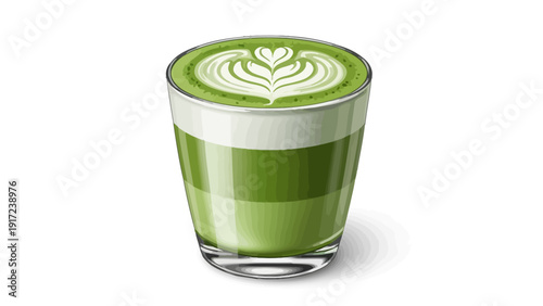 Pixelated illustration of a layered matcha latte with foam art in a glass