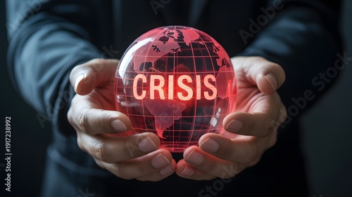 Hands holding glowing crisis sphere with digital data and red light in dark background