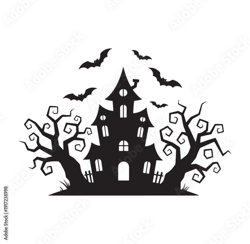 Black silhouette of a spooky haunted house with bats flying overhead at night