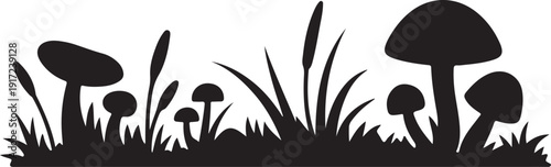 Black silhouettes of mushrooms and grass on white background