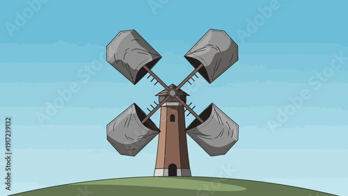 Pixel art windmill with bucket sails on a grassy hill under blue sky