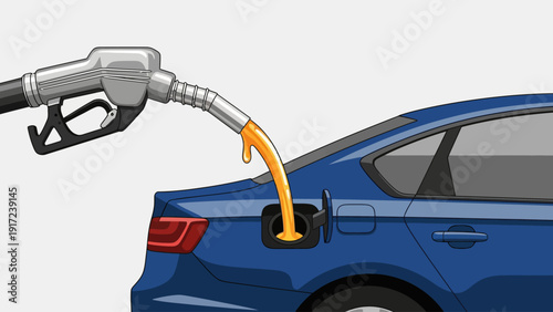 Pixelated blue car fueling with orange liquid from a silver pump