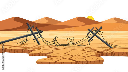 Pixelated desert scene with broken utility poles and cracked earth