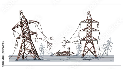 Pixelated depiction of damaged electrical power transmission towers and lines on barren ground