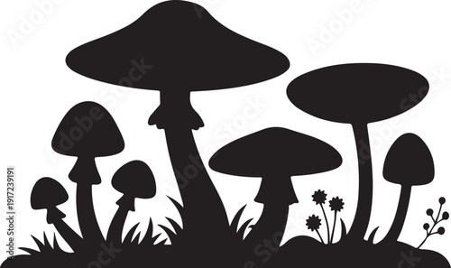Black silhouettes of mushrooms and grass on white background