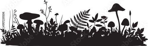 Black silhouettes of mushrooms and plants on white background