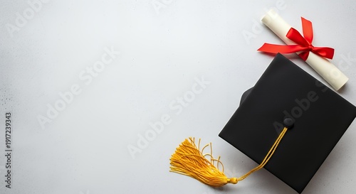 Graduation cap and diploma on a background flat lay Area for text