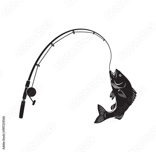 black silhouette of fish caught on fishing rod and reel  recreational fishing