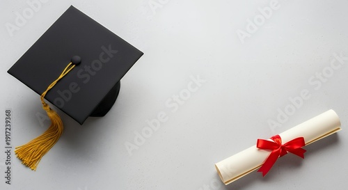 Graduation cap and diploma positioned on a background flat lay Area available for text