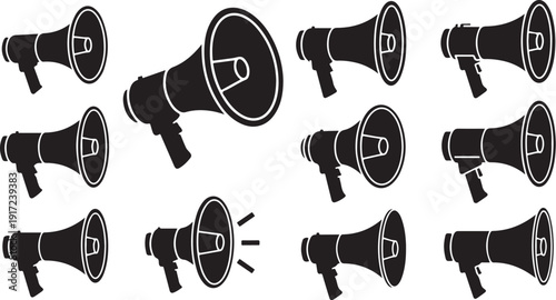 Black and white megaphone icons for communication and announcement