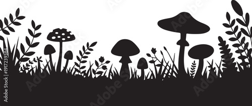 Black silhouettes of mushrooms and plants on white background