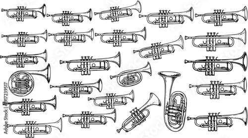 Hand-drawn seamless pattern of various brass musical instruments including trumpets, French horn, cornet, and tuba on a white background, perfect for music-themed designs.