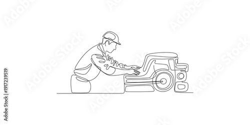 A line art illustration of a mechanic working on a piece of machinery in an industrial setting.