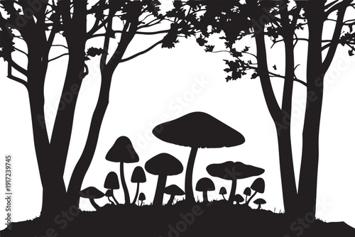 Silhouette of trees and mushrooms in a forest black