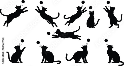 Cat playing with ball silhouettes collection, jumping sitting and stretching poses isolated on white background feline illustration set