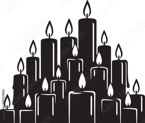 Black candles with white flames on white background illustration
