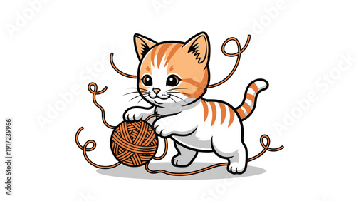 Cartoon orange and white kitten playing with a tangled ball of orange yarn