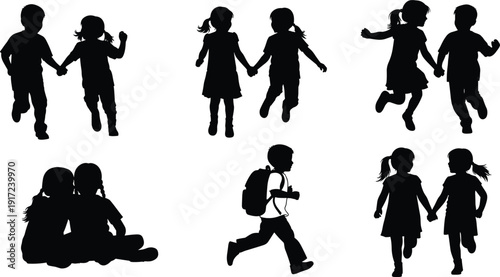 Children silhouettes collection, kids running holding hands playing and sitting isolated on white background, childhood friendship illustration set