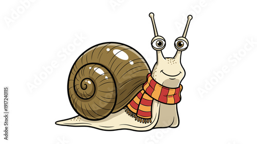 Cartoon snail wearing a striped red and orange scarf against a white background
