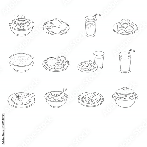 traditional food collection set in thin line style vector illustration