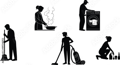 Household cleaning and cooking silhouettes collection, domestic chores activities isolated on white background, home maintenance illustration set