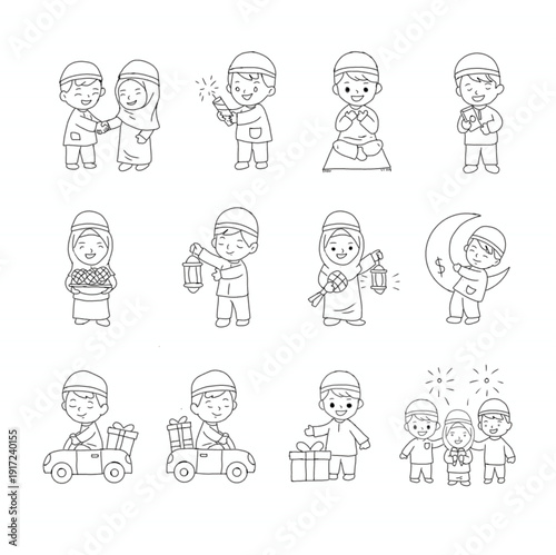 Hand drawn ramadan kareem cute muslim character and traditional food collection set in thin line style vector illustration