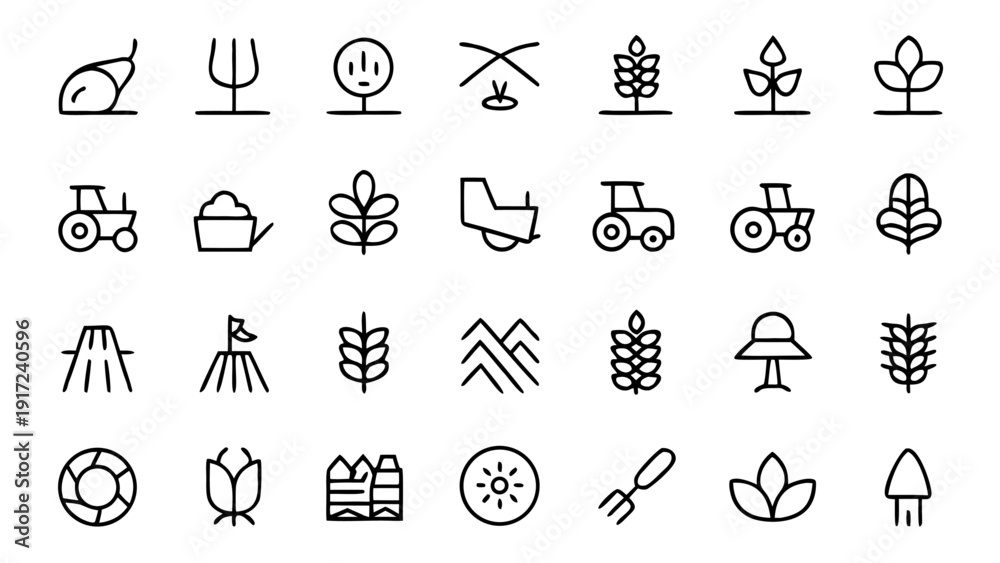 Fototapeta premium Set of thirty simple outline vector icons depicting various elements and tools commonly associated with agricultural practices and farming activities.