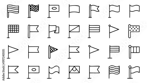 Collection of various flag line icons featuring different shapes and patterns on poles