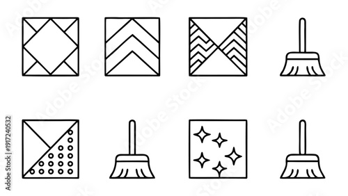 Collection of simple line icons representing different ceramic tile designs and broom icons