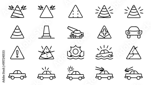 Linear outline icon illustrating two cars colliding in a frontal crash.