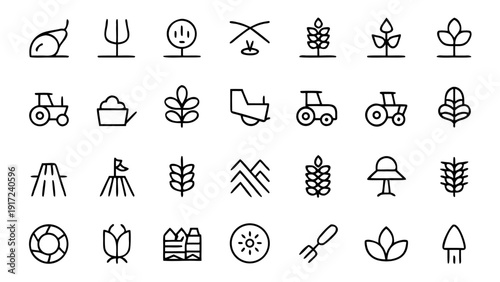 Set of thirty simple outline vector icons depicting various elements and tools commonly associated with agricultural practices and farming activities.