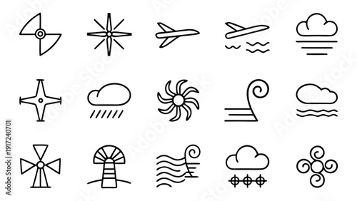 A diverse collection of thirty clean linear outline icons illustrating different aspects, phenomena, and elements of air.