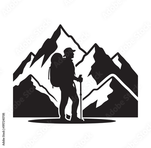 hiker with backpack and trekking pole standing in front of mountain range