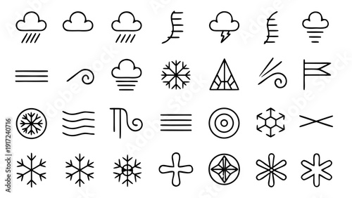 A complete set of thirty creative linear outline icons depicting various natural and human-made components associated with air.