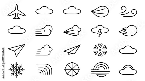 A versatile pack of thirty crisp linear outline icons representing essential concepts and natural occurrences related to air.