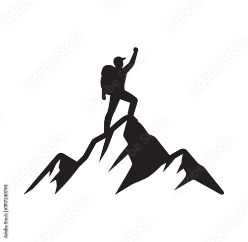 man climbing mountain with backpack and raising arm in triumph on snowy peak