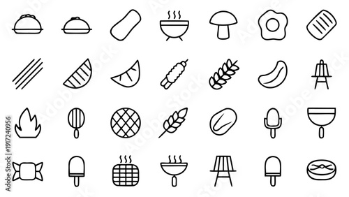 A collection of 30 outline linear icons representing various elements related to barbecue and grilling activities.