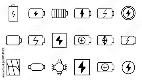 A single outline icon depicting a battery, from a comprehensive linear icon collection focused on energy and power concepts.