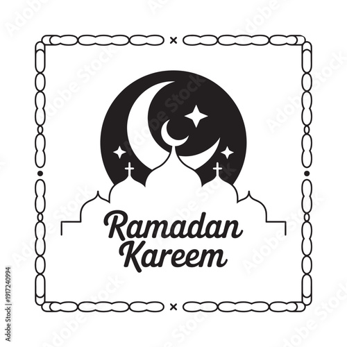 A decorative ramadan kareem greeting featuring a crescent moon stars and mosque silhouette high quality professional
